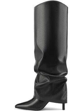 Women's Black Fold Over Knee High Boots Pointed Toe Slouch Long Boots Stilettos